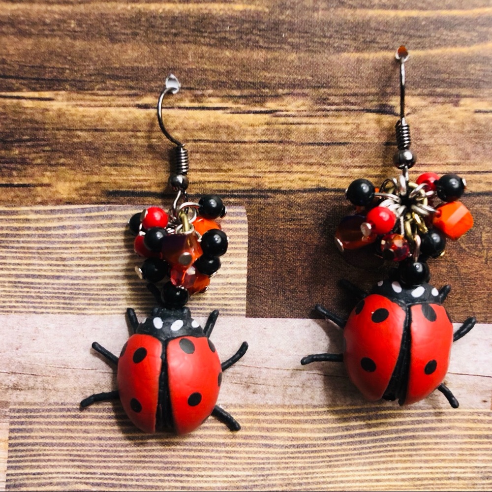 Ladybug 🐞 red insect garden lady dot bead earring - Picture 1 of 3